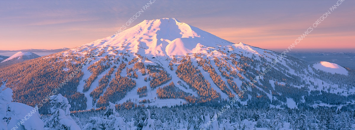 panoramic photo of sunrise over Mt. Bachelor ski resort by Ross Wordhouse