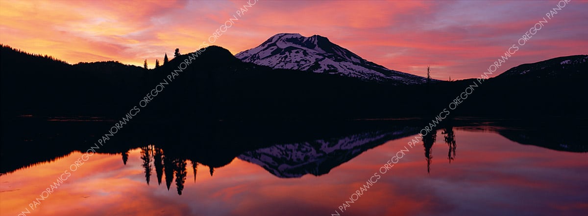 Oregon panoramic photo of Sparkes lake and south sister during sunset by Ross Wordhouse